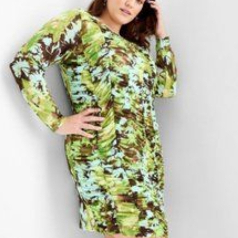 Future Collective Green & Brown Abstract Print Rusched Dress 3X NWT (6348)